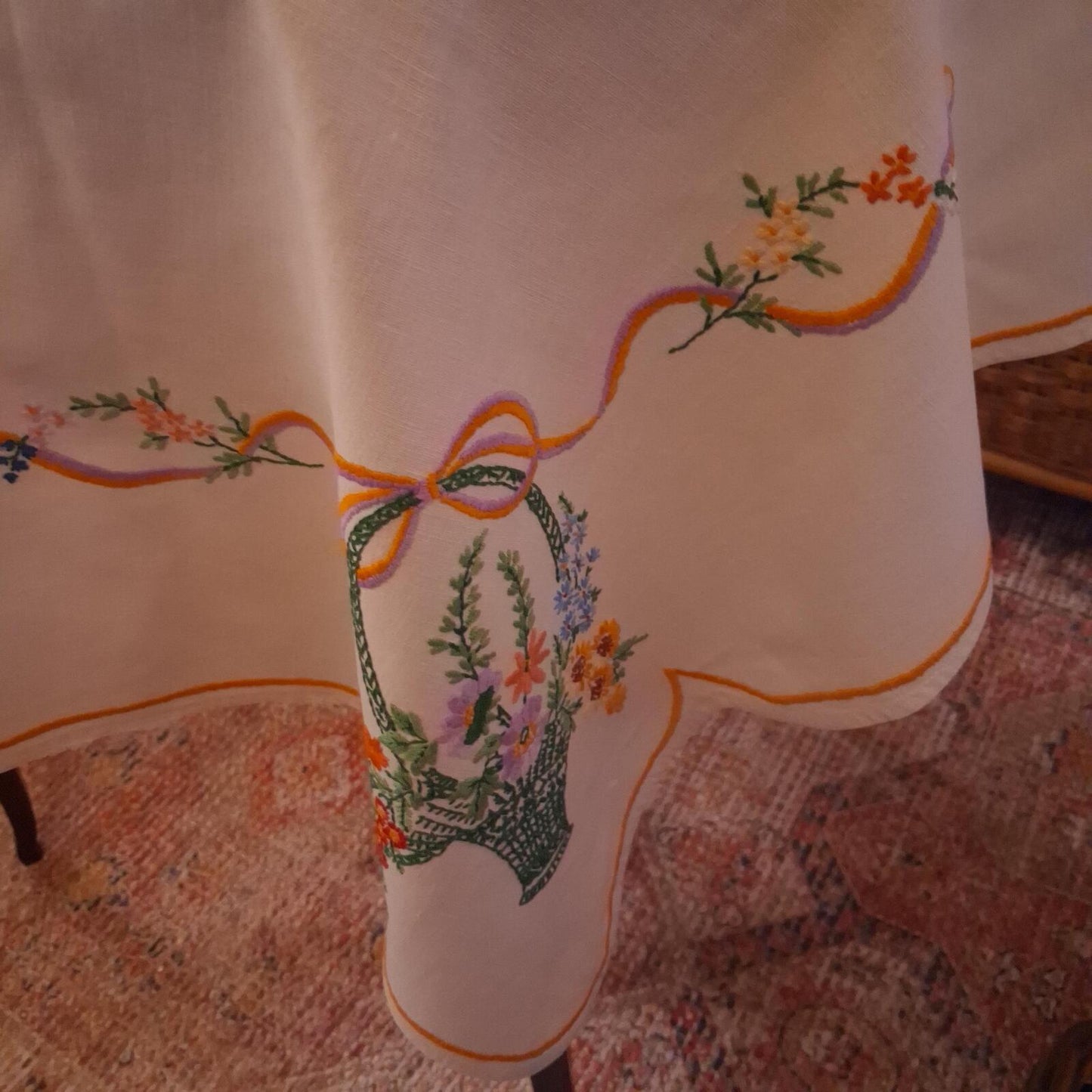 Beautiful vintage embroidered 1 metre square linen tablecloth