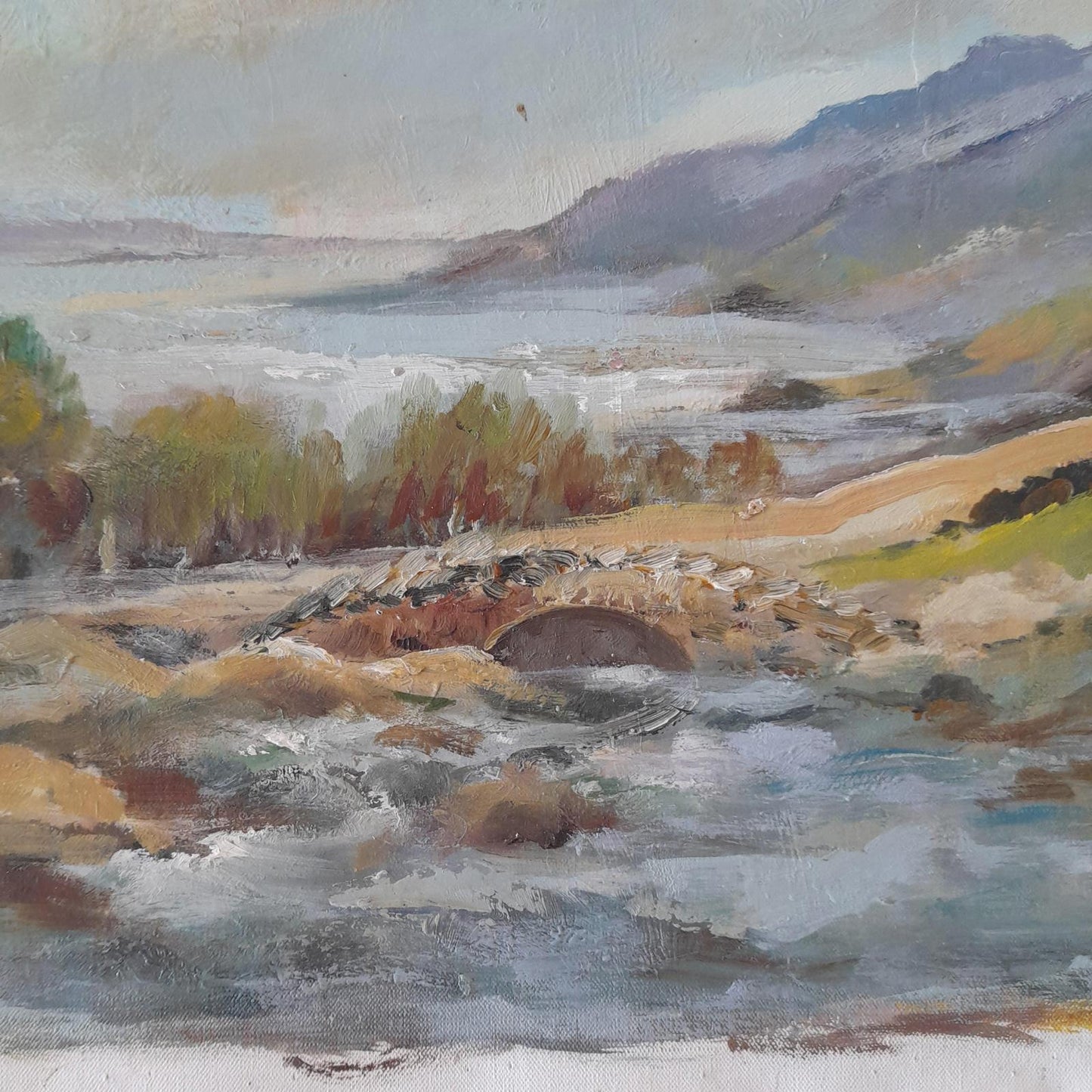 Scenic bridge and river scene by Ira Englefield (b.1912) oil on canvas