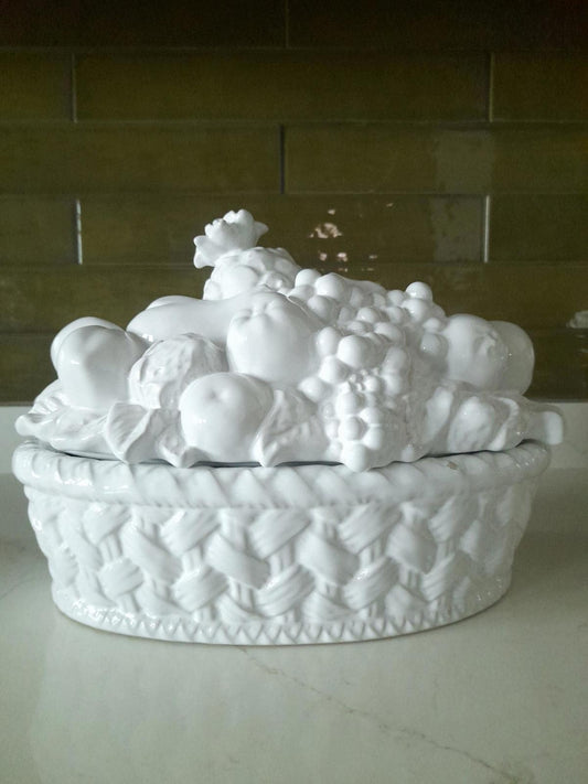 Bordallo Pinheiro large white fruit basket lidded dish